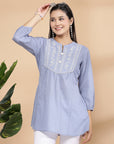 Solid Straight Cotton Dobby Top with Embroidery