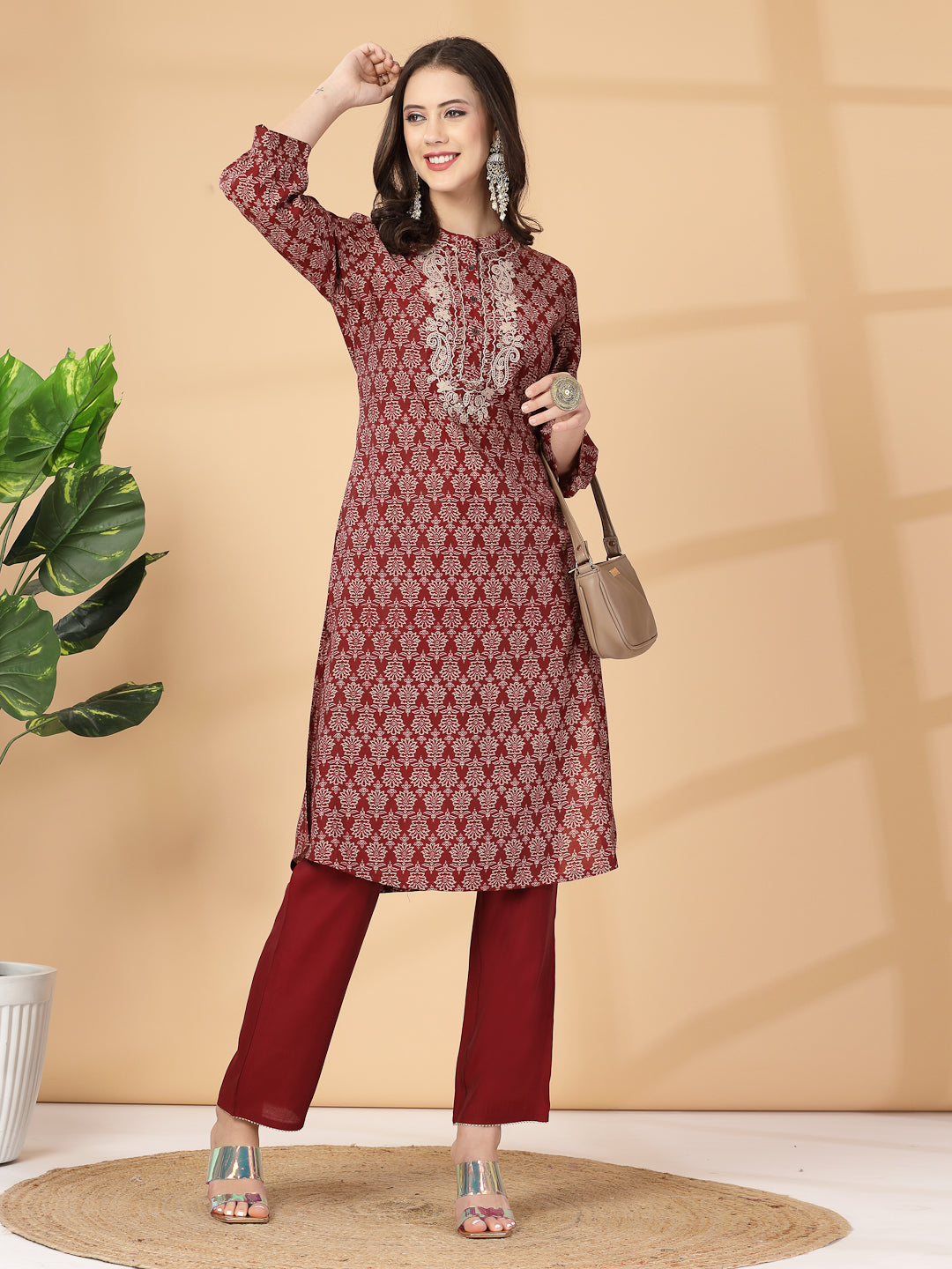 Ethnic Printed Viscose Kurta with Embroidery & Palazzo Set