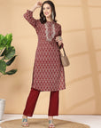 Ethnic Printed Viscose Kurta with Embroidery & Palazzo Set
