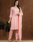 Floral Embroidered Straight Viscose Rayon Kurta Set with Lace Dupatta