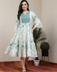Floral Printed Flared Cotton Dress with Embroidered Yoke & Flared Sleeves