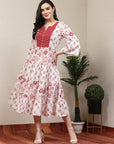 Floral Printed Flared Cotton Dress with Embroidered Yoke & Flared Sleeves