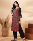 Abstract Printed Straight Cotton Cambric Kurta with Ethnic Embroidery and Palazzo Set