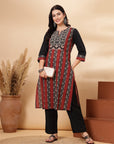 Abstract Printed Straight Cotton Cambric Kurta with Ethnic Embroidery and Palazzo Set