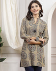Green Viscose Rayon Kurti with Ethnic Motifs & Tassel Detail