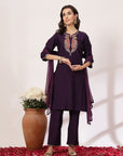 Embroidered Nylon Viscose Slub Kurta Set with Chiffon Dupatta