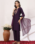 Embroidered Nylon Viscose Slub Kurta Set with Chiffon Dupatta