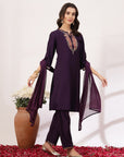 Embroidered Nylon Viscose Slub Kurta Set with Chiffon Dupatta