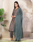 Ethnic Motif Flared Poly Viscose Kurta Set with Sequin Detail & Striped Palazzo