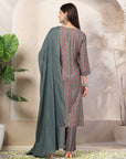 Ethnic Motif Flared Poly Viscose Kurta Set with Sequin Detail & Striped Palazzo