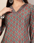 Ethnic Motif Flared Poly Viscose Kurta Set with Sequin Detail & Striped Palazzo