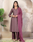 Ethnic Motif Flared Poly Viscose Kurta Set with Sequin Detail & Striped Palazzo
