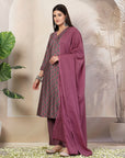 Ethnic Motif Flared Poly Viscose Kurta Set with Sequin Detail & Striped Palazzo