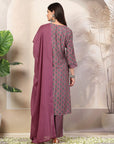 Ethnic Motif Flared Poly Viscose Kurta Set with Sequin Detail & Striped Palazzo