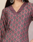 Ethnic Motif Flared Poly Viscose Kurta Set with Sequin Detail & Striped Palazzo
