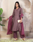 Ethnic Motif Flared Poly Viscose Kurta Set with Sequin Detail & Striped Palazzo