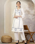 Embroidered A-Line Cotton Linen Kurta Set with Palazzo & Pockets