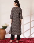 Ethnic Printed A-Line Cambric Kurta with Zari Embroidery and Elasticated Palazzo