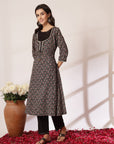 Ethnic Printed A-Line Cambric Kurta with Zari Embroidery and Elasticated Palazzo
