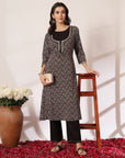 Ethnic Printed A-Line Cambric Kurta with Zari Embroidery and Elasticated Palazzo