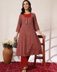 Ethnic Printed A-Line Cambric Kurta with Zari Embroidery and Elasticated Palazzo