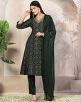 Bandhani Print Poly Viscose Flared Kurta Set with Zari Embroidery & Lace Dupatta
