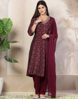Bandhani Printed A-Line Poly Viscose Kurta Set with Zari Embroidery & Dupatta