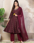Bandhani Printed A-Line Poly Viscose Kurta Set with Zari Embroidery & Dupatta