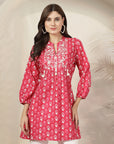 Ethnic Printed Flared Cotton Cambric Top with Lakhnavi Embroidery