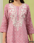 Bandhani Printed Cotton Kurta with Lakhnavi Embroidery