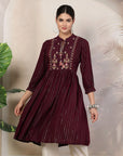 Solid Rayon Flared Kurti with Embroidery