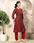 Bandhani Printed A-Line Poly Viscose Kurta Set with Embroidery