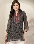 Floral Printed Poly Chiffon Straight Top with Embroidery