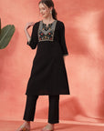 Solid Straight Cotton Cambric Kurta Set with Ethnic Embroidery