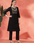 Solid Straight Cotton Cambric Kurta Set with Ethnic Embroidery