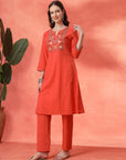 Solid Straight Cotton Cambric Kurta Set with Ethnic Embroidery