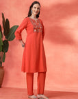 Solid Straight Cotton Cambric Kurta Set with Ethnic Embroidery