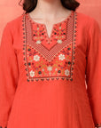 Solid Straight Cotton Cambric Kurta Set with Ethnic Embroidery