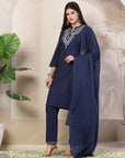 Solid Cotton Kurta Set with Embroidered Collar, Palazzo & Lace-Detailed Dupatta