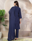 Solid Cotton Kurta Set with Embroidered Collar, Palazzo & Lace-Detailed Dupatta