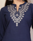 Solid Cotton Kurta Set with Embroidered Collar, Palazzo & Lace-Detailed Dupatta