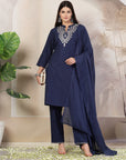 Solid Cotton Kurta Set with Embroidered Collar, Palazzo & Lace-Detailed Dupatta