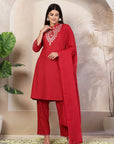 Solid Cotton Kurta Set with Embroidered Collar, Palazzo & Lace-Detailed Dupatta