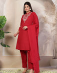 Solid Cotton Kurta Set with Embroidered Collar, Palazzo & Lace-Detailed Dupatta