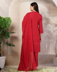 Solid Cotton Kurta Set with Embroidered Collar, Palazzo & Lace-Detailed Dupatta