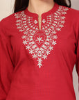 Solid Cotton Kurta Set with Embroidered Collar, Palazzo & Lace-Detailed Dupatta