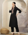 Solid Straight Cotton Linen Kurta Set with Ethnic Embroidery