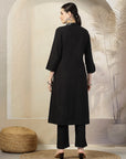 Solid Straight Cotton Linen Kurta Set with Ethnic Embroidery