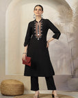 Solid Straight Cotton Linen Kurta Set with Ethnic Embroidery