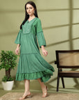 Tiered Rayon Crinkle Flared Dress with Embroidered Yoke & Bell Sleeves